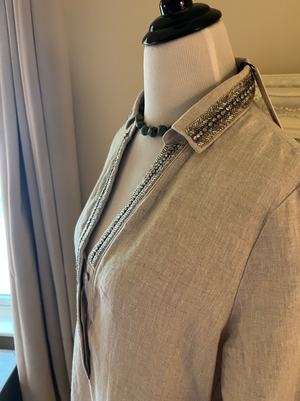 Beaded Trim Linen Tunic Dress - Neutral Beige - Picture 2 of 7